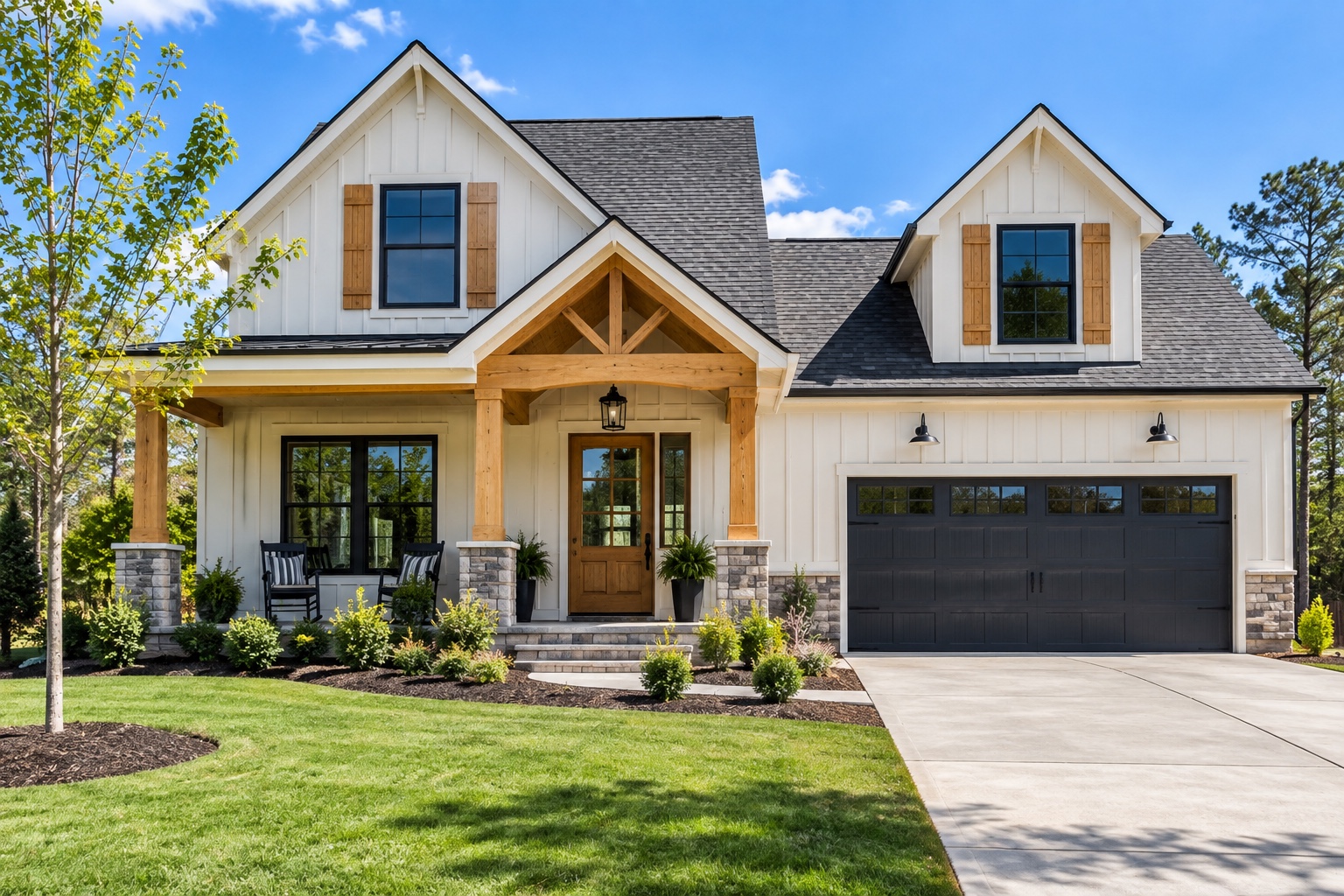 White custom home with timber porch and dark garage door