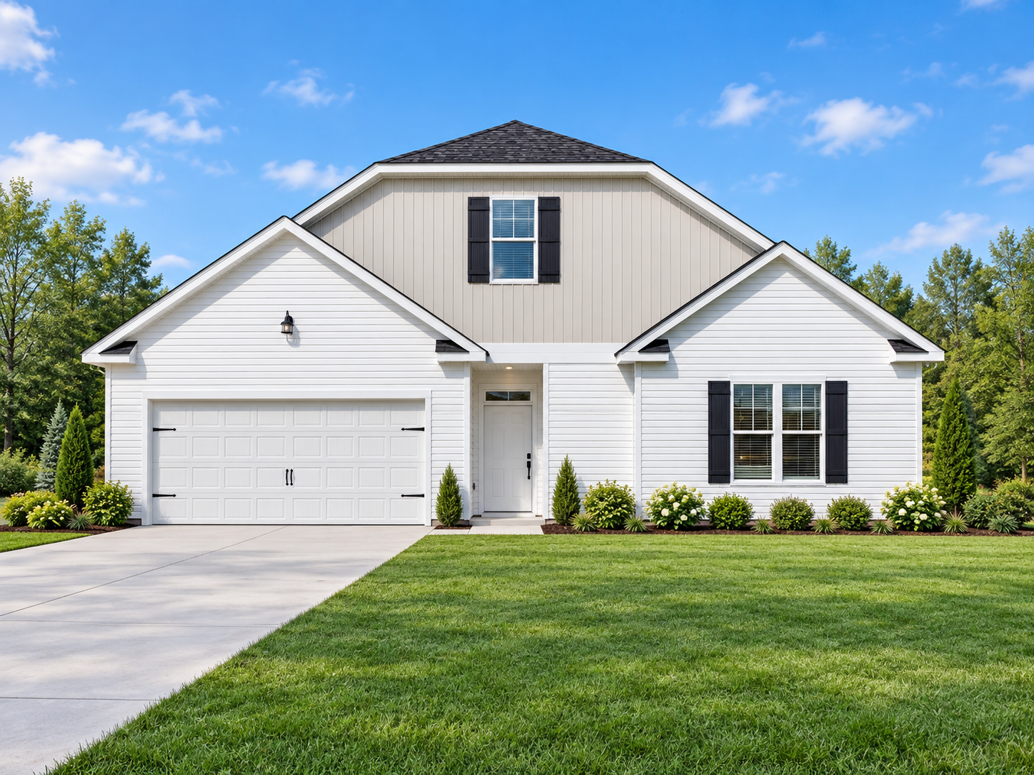 Concept rendering of a white ranch home with front-entry garage and landscaped lawn