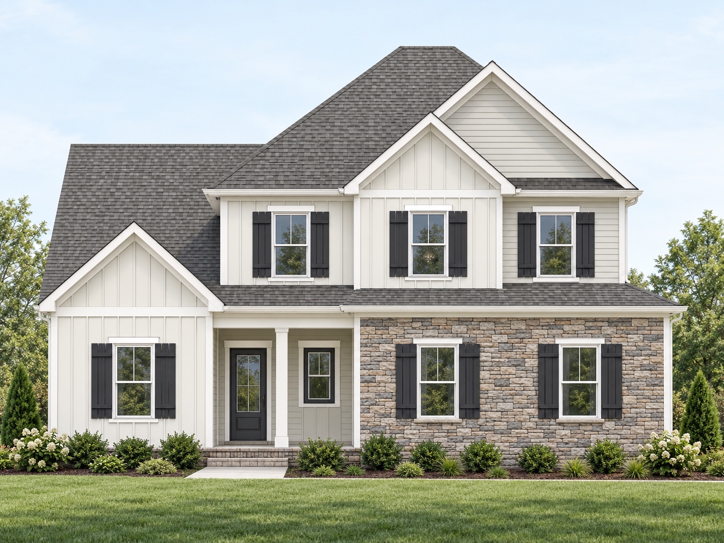 White two-story home with dark shutters and stone exterior